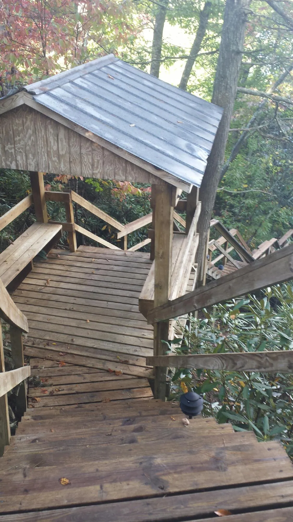 Metal roofed shelter over wooden steps on a wooded walkway — Skylight Repair & Installation work by our crew in Tilden